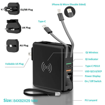 Super QI Wireless Charging Treasure PD20W Fast Power Bank showing integrated plug design and wireless charging surface