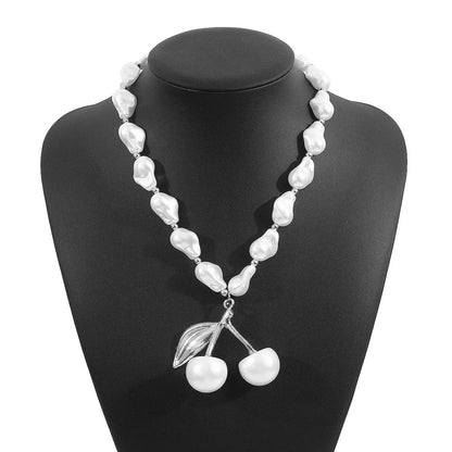 Adjustable 51-60cm alloy necklace with cherry fruit pendant and imitation pearls in gold or white K electroplated finish