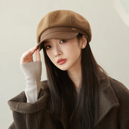 Stylish octagonal leather cap in black, gray, caramel, coffee, and milky white colors with breathable and windproof design