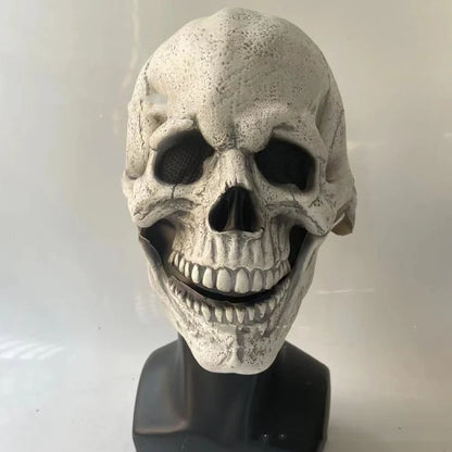 Halloween skull mask with movable jaw showing brain flower design in vinyl construction