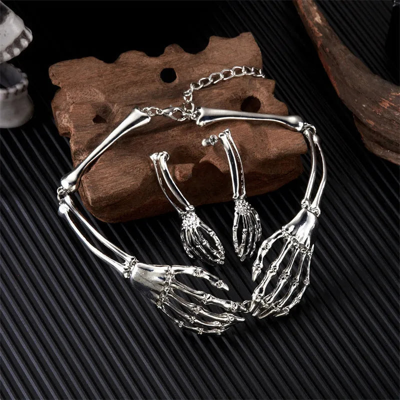 Dark style skull and ghost hand necklace and earrings set with electroplated alloy construction