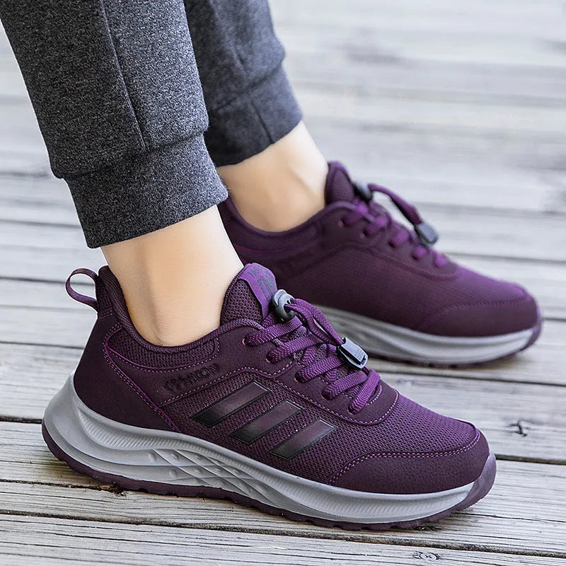Breathable mesh slip-on mom shoes for men and women in black, dark grey, purple, and purplish red colours.