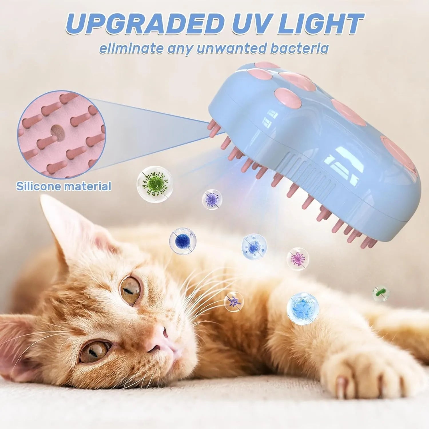 Self-cleaning cat steam brush with silicone bristles, blue light, and rechargeable spray for pet grooming