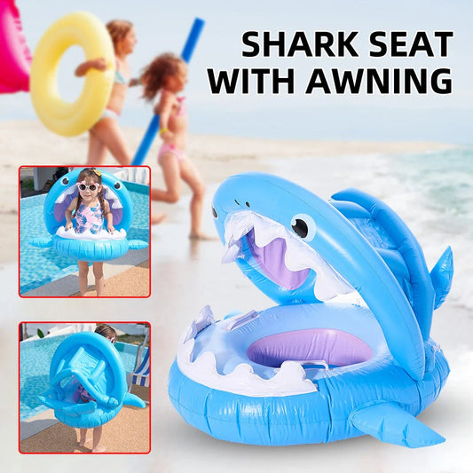 Inflatable shark seat ring for kids with sun awning, blue color