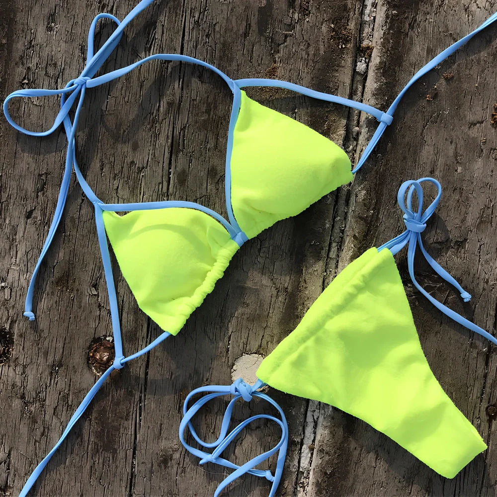 Ladies yellow nylon bikini swimwear with split bottoms and chest pad for beach wading, Asian sizes S M L