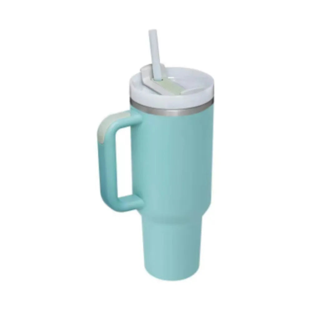 40 oz stainless steel insulated tumbler with handle and straw in tapered mug design