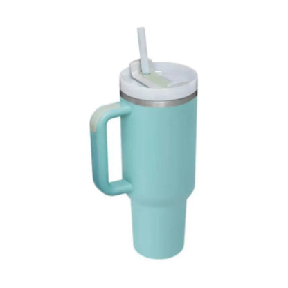 40 oz stainless steel insulated tumbler with handle and straw in tapered mug design