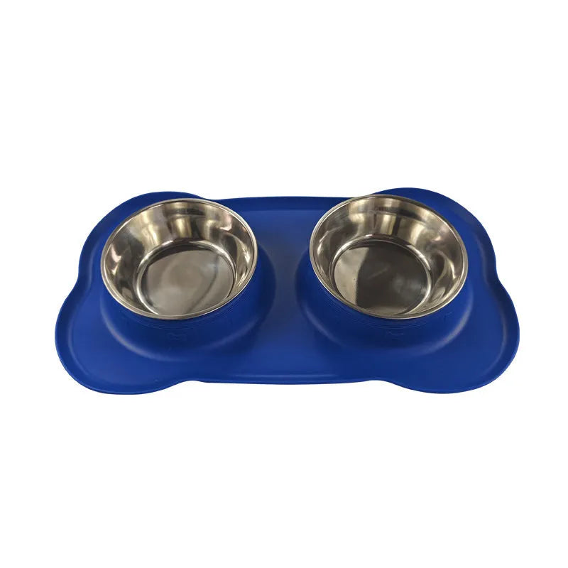 Large silver grey silicone dual compartment dog bowl with stainless steel base for separating food types