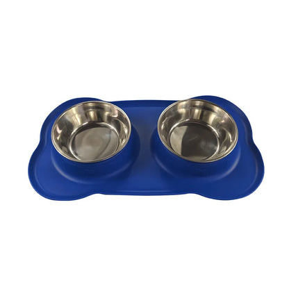 Large silver grey silicone dual compartment dog bowl with stainless steel base for separating food types