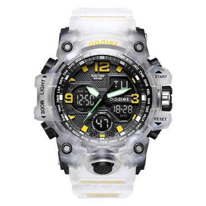 Men's electronic sports watch with dual display and stainless steel buckle in black, red, white and transparent white options