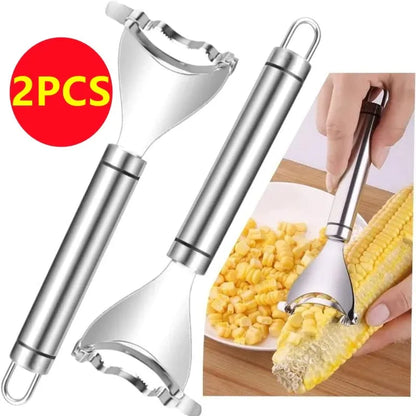 Stainless steel corn planer for removing kernels from corn on the cob.