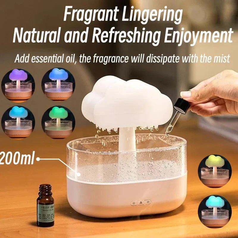 Soothing cloud-shaped humidifier with raindrop lights, aromatherapy diffuser, and sleep-promoting functions for a tranquil ambiance