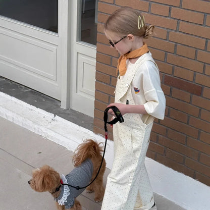 Girls' milky white polka dot overalls with Western styling and high-waist trousers