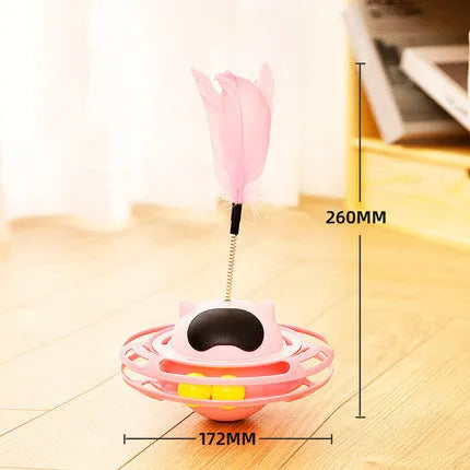 Pink cat tumbler turntable toy for self-play, measuring 17cm by 10cm.