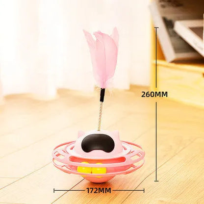 Pink cat tumbler turntable toy for self-play, measuring 17cm by 10cm.