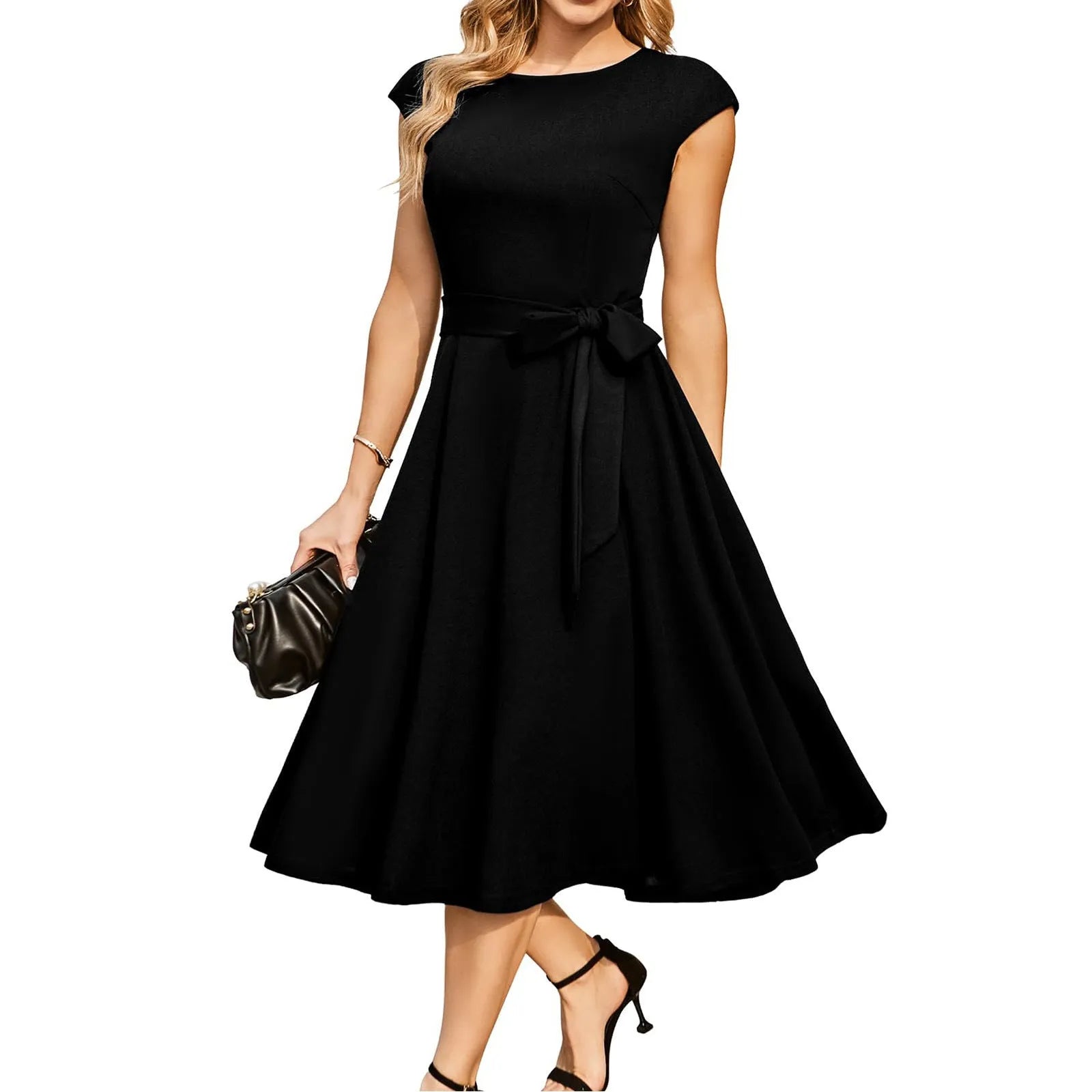 Sleeveless black dress with lace-up waist detail and a flowing swing skirt.