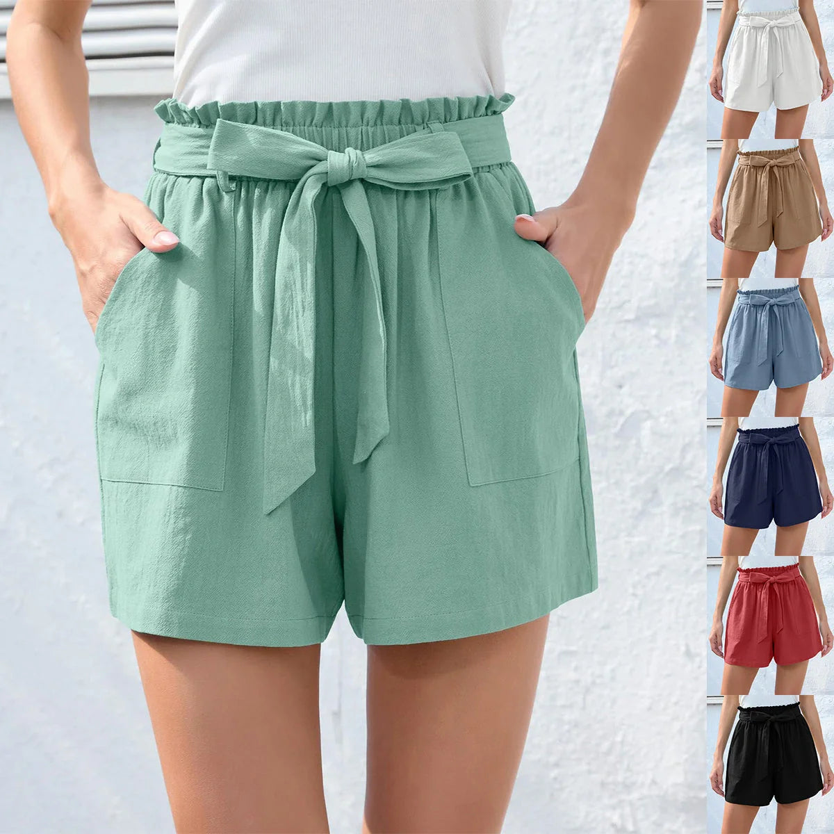 Women's summer beach shorts with ruffle bow waist tie and pockets in various colors