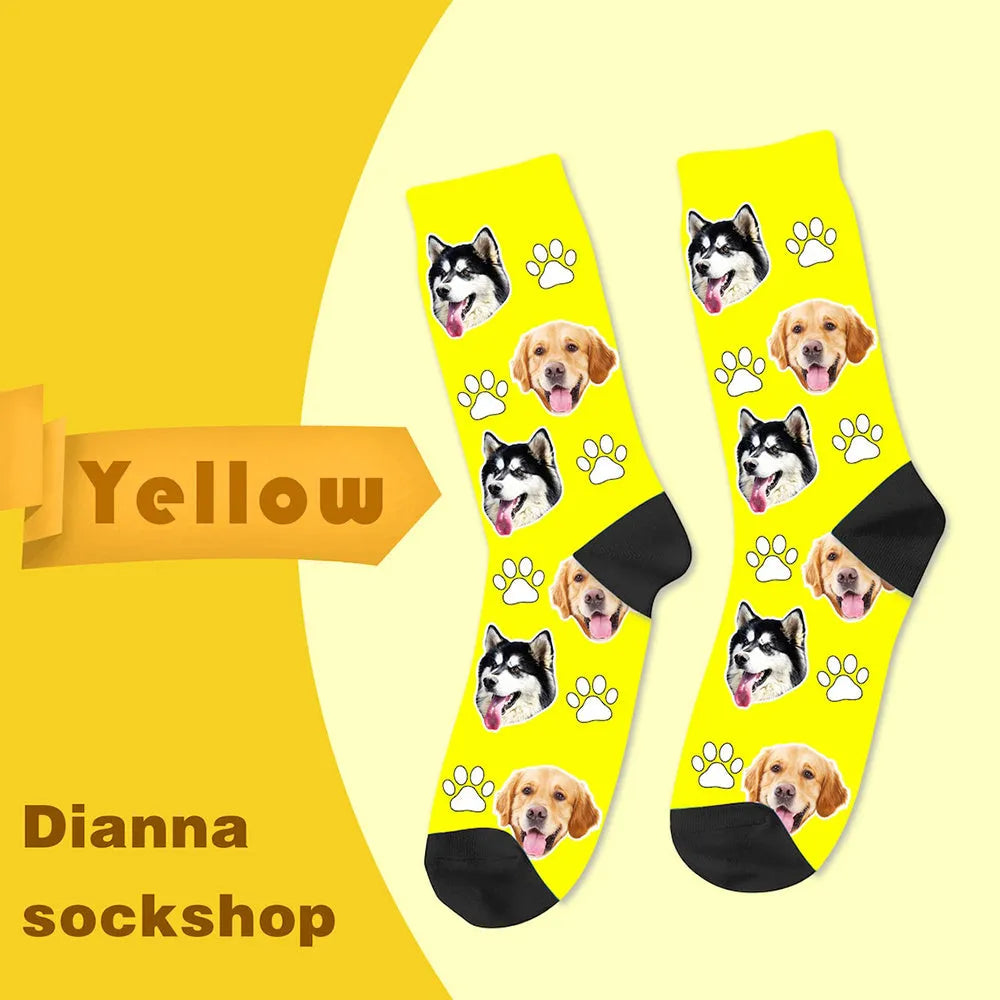 Personalised mid-calf photo socks with printed cartoon designs in multiple colour options