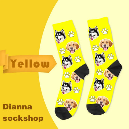 Personalised mid-calf photo socks with printed cartoon designs in multiple colour options