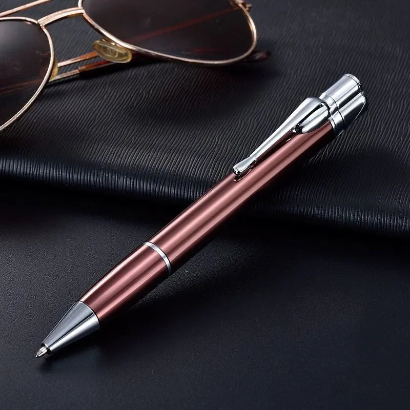Silver metal pen-style jet lighter with side ignition button and windproof flame.