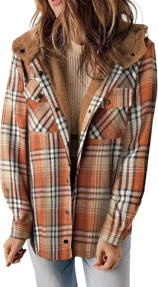 Casual Plaid Hooded Woolen Coat with fleece lining in various colors