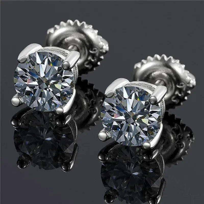 Geometric silver screw back moissanite stud earrings with four claw setting and certificate