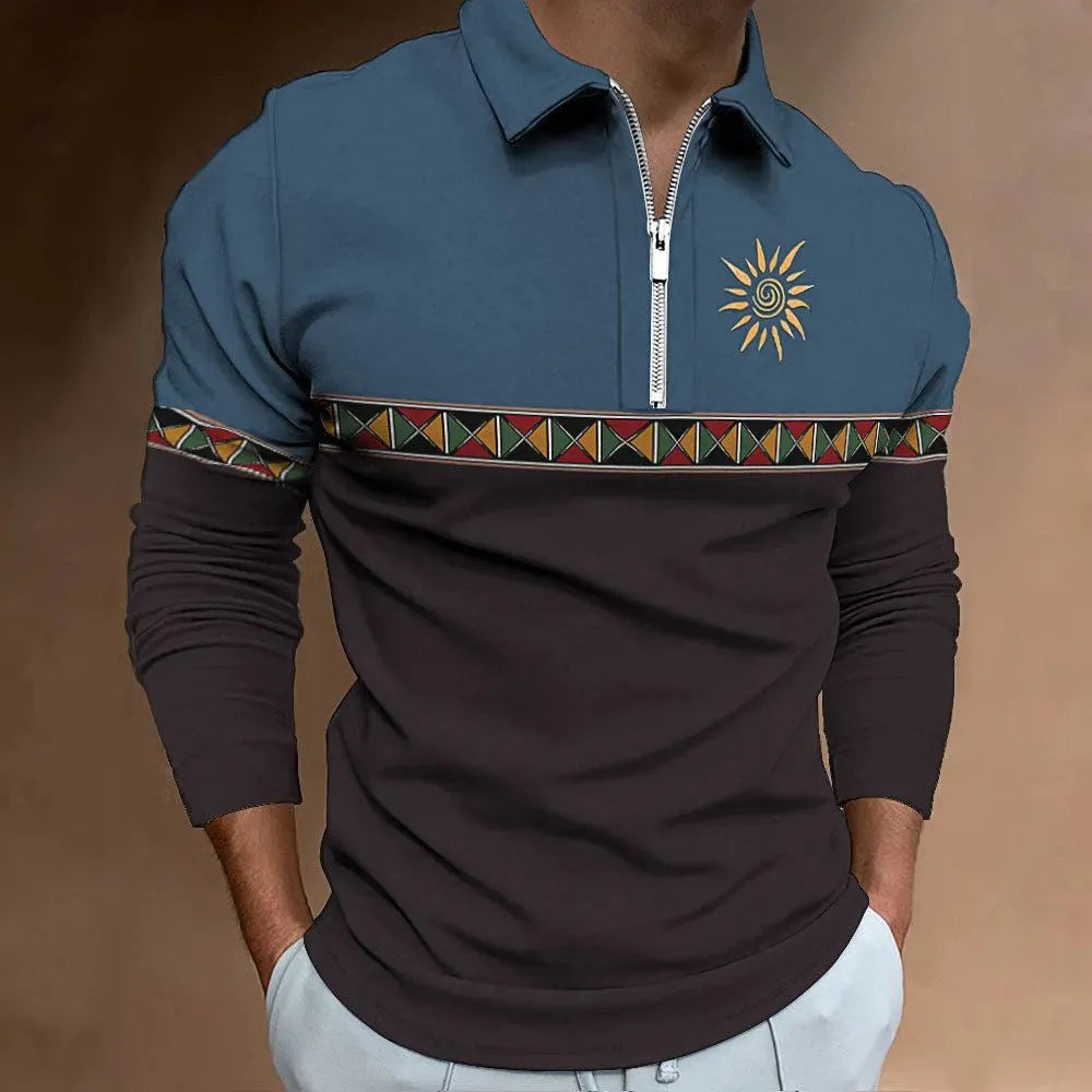Man wearing a loose-fit long sleeve polo shirt with retro colour printing and a zip detail on the chest.