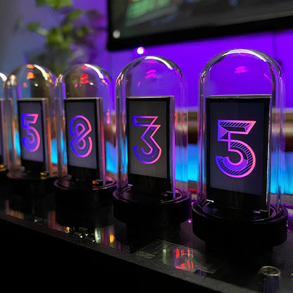 Creative LED nixie tube table clock on black walnut base, glass shell with metal dial, USB powered digital display