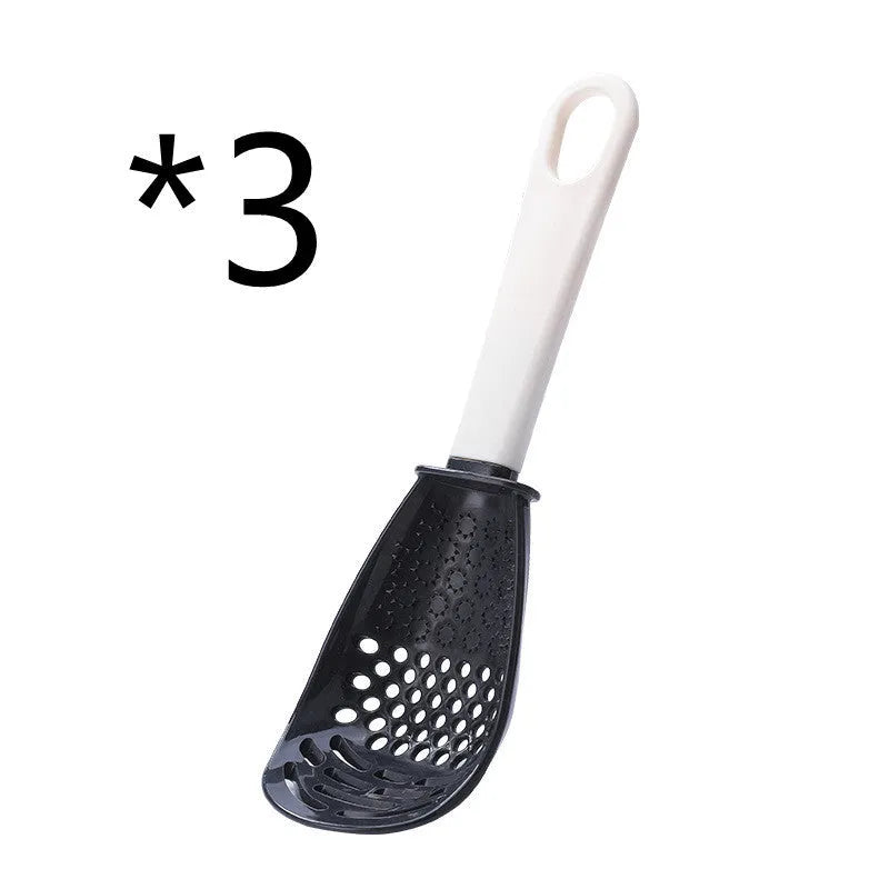 Red plastic multifunctional cooking spoon with serrated edge for grinding and half-enclosed scoop design