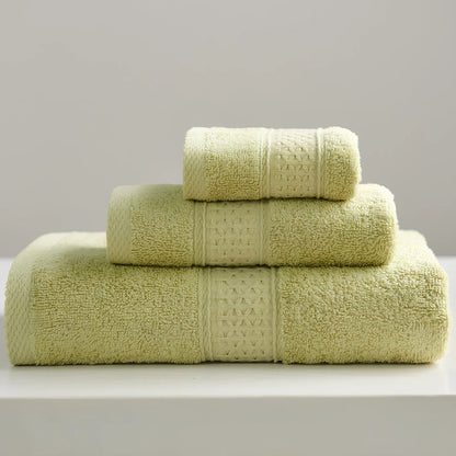 Three cotton towels: 33cm square, 32cm×73cm standard, 70cm×140cm bath towel in coordinated colours
