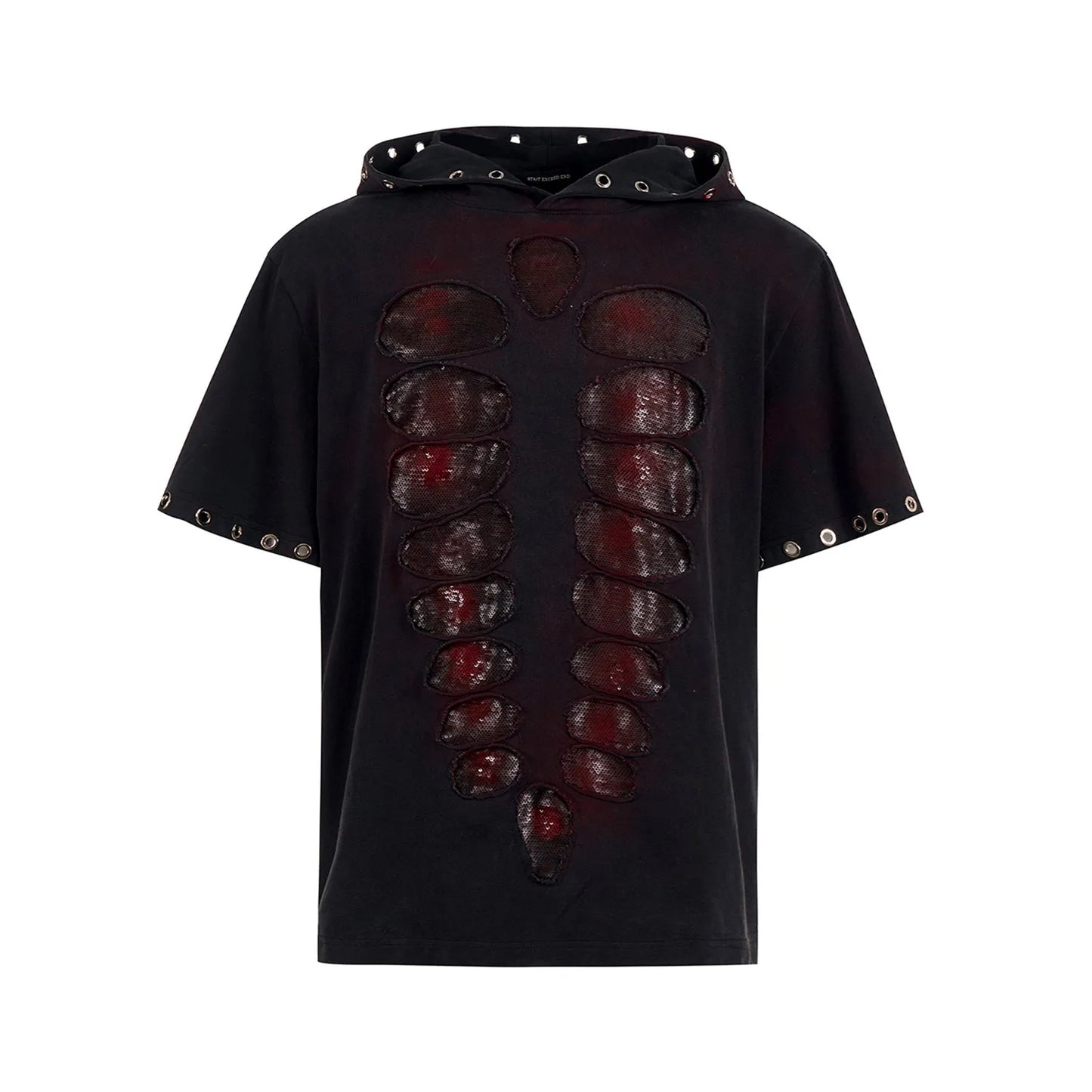 Black men's hooded short-sleeved T-shirt covered in shimmering sequins with a loose fit.
