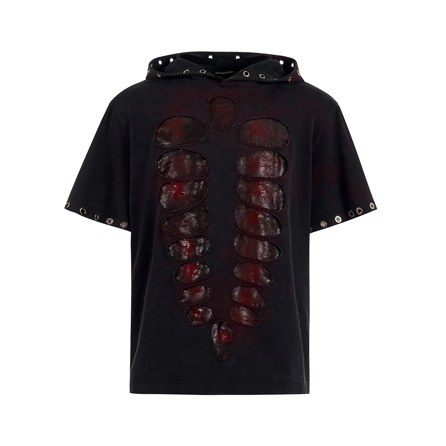 Black men's hooded short-sleeved T-shirt covered in shimmering sequins with a loose fit.
