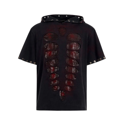 Black men's hooded short-sleeved T-shirt covered in shimmering sequins with a loose fit.