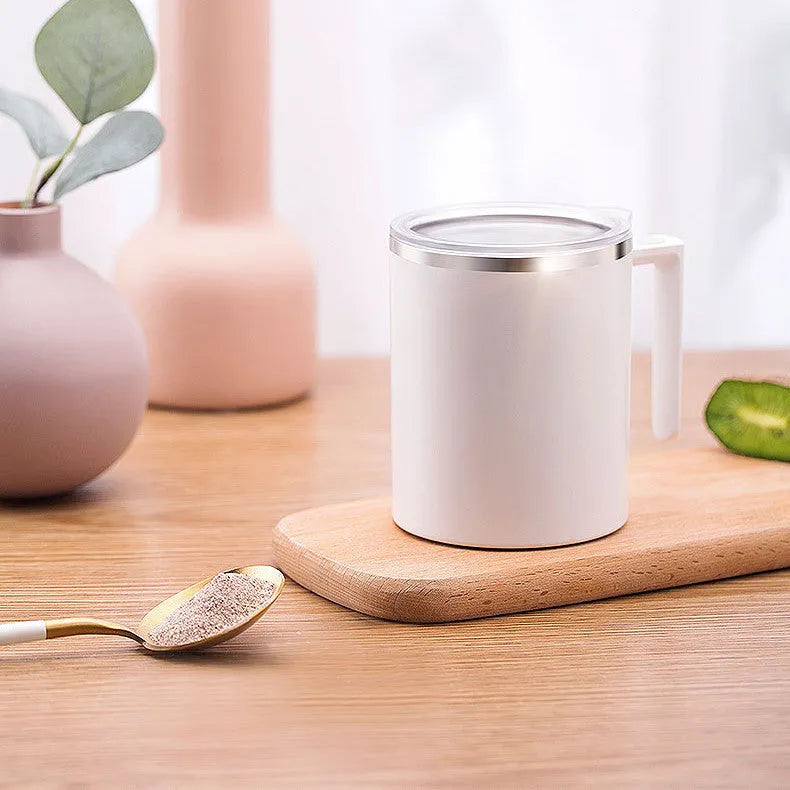 Automatic mixing coffee cup portable magnetic smart rotating stirring mug rechargeable stainless steel travel home office cup in white pink black macaron milk white colour 360ml capacity