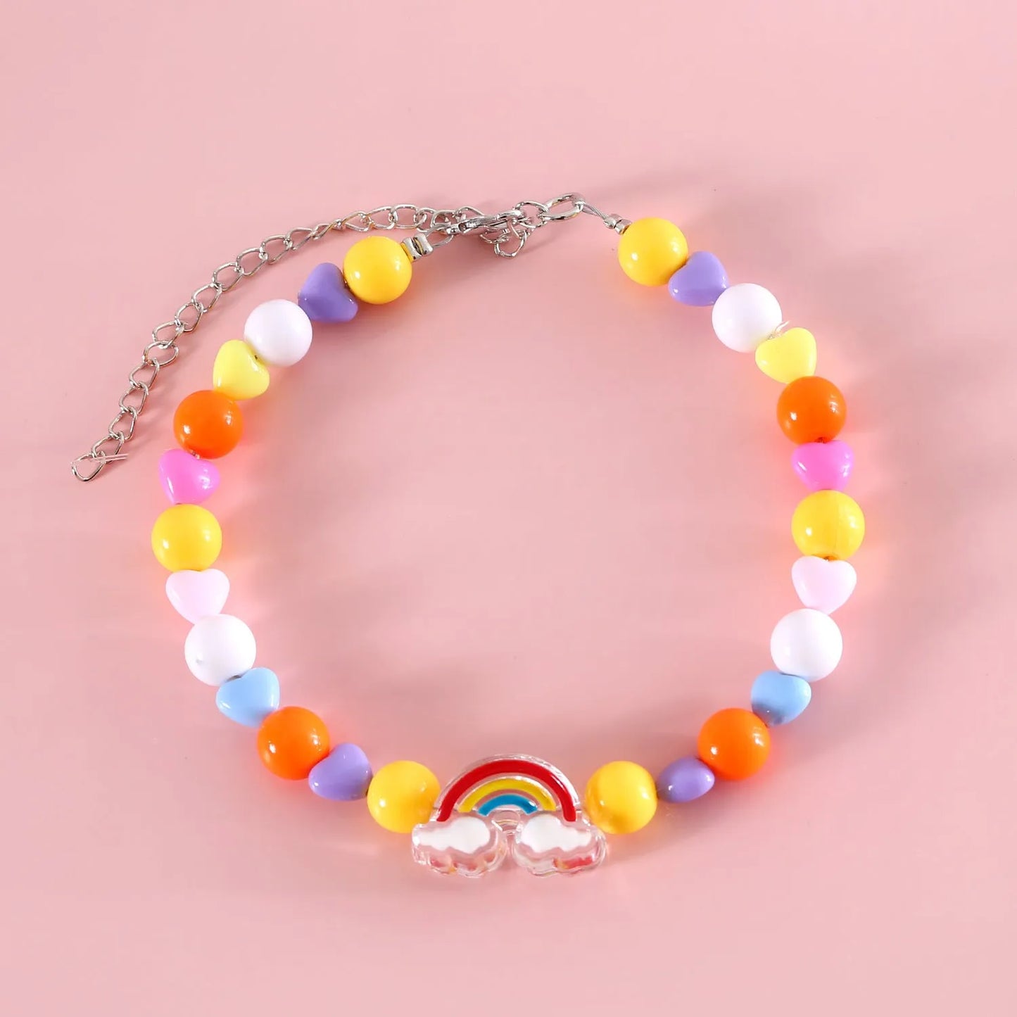 Colourful plastic bead cat necklace with adjustable clasp showing peach, rainbow, and small flower pattern options