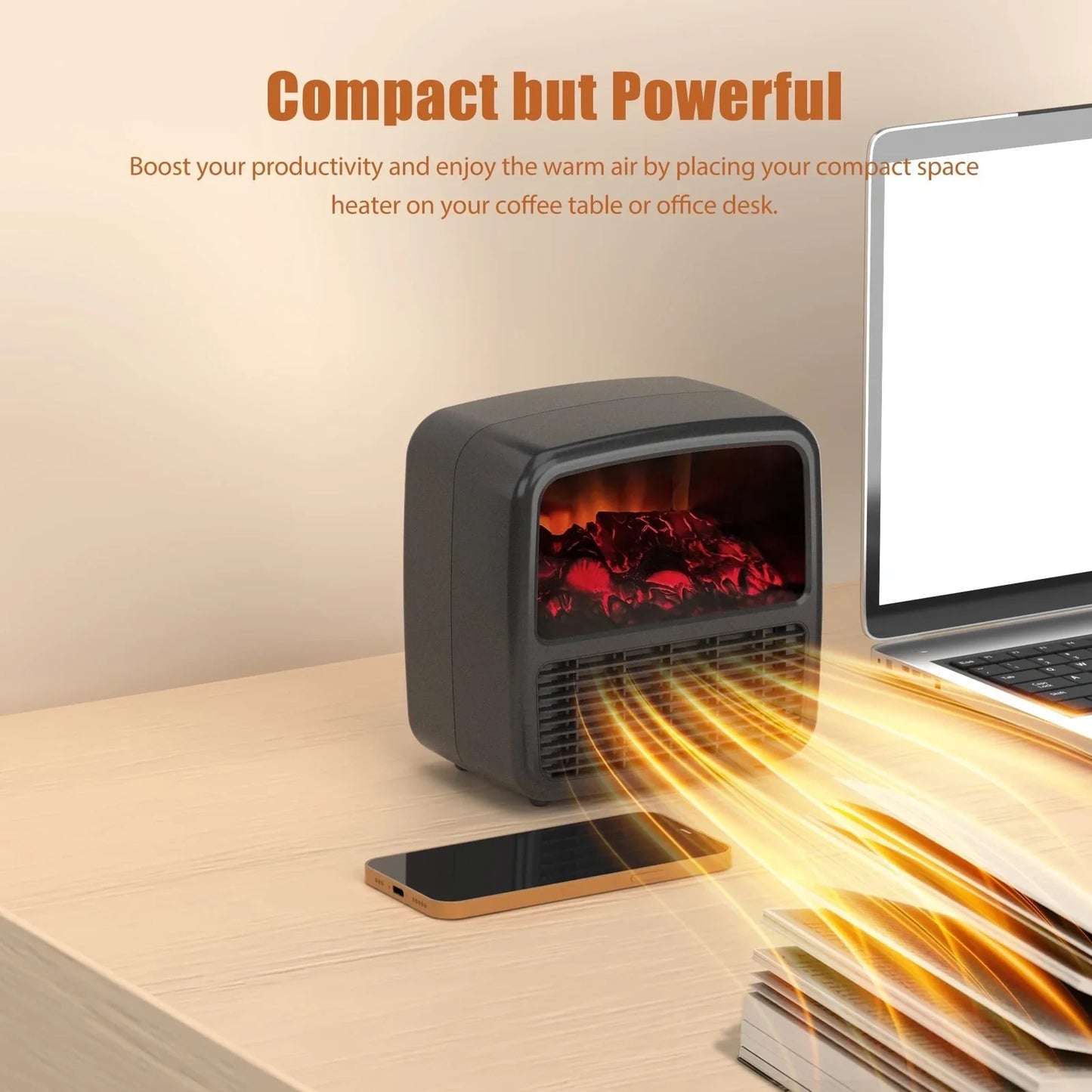 Black desktop electric space heater with ceramic heating element and mechanical controls measuring 22cm square