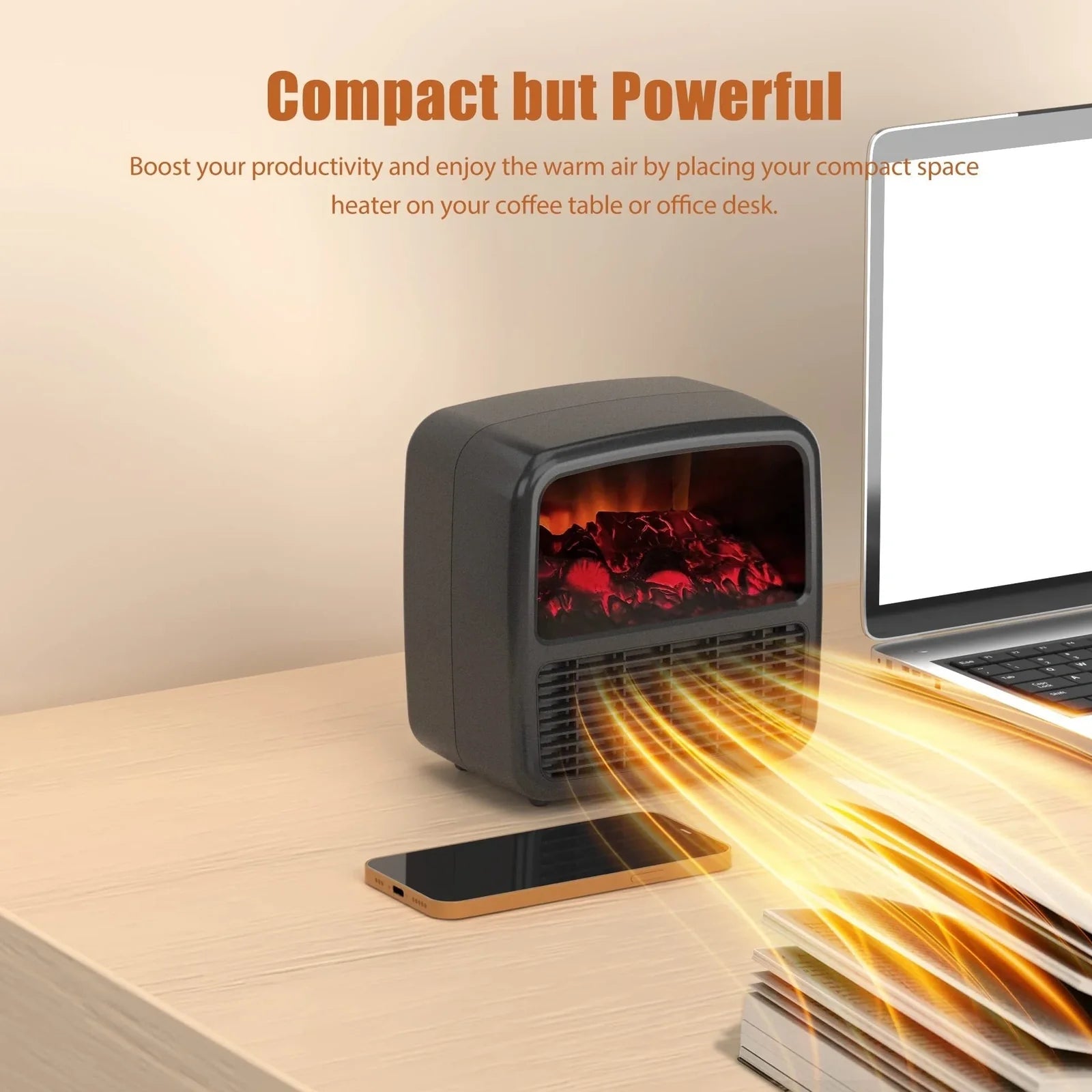 Black desktop electric space heater with ceramic heating element and mechanical controls measuring 22cm square