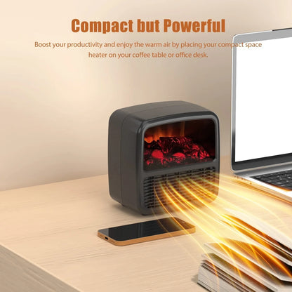 Black desktop electric space heater with ceramic heating element and mechanical controls measuring 22cm square