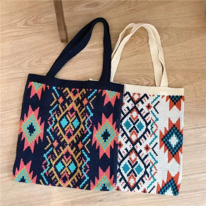 Classic Ethnic-Inspired Woven Bag in Apricot and Dark Blue Colors, Featuring a Sleek Square Shape and Open Pocket Design