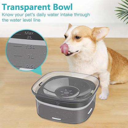 Transparent 2L dog water bowl with floating slow-feeding disk and non-slip base