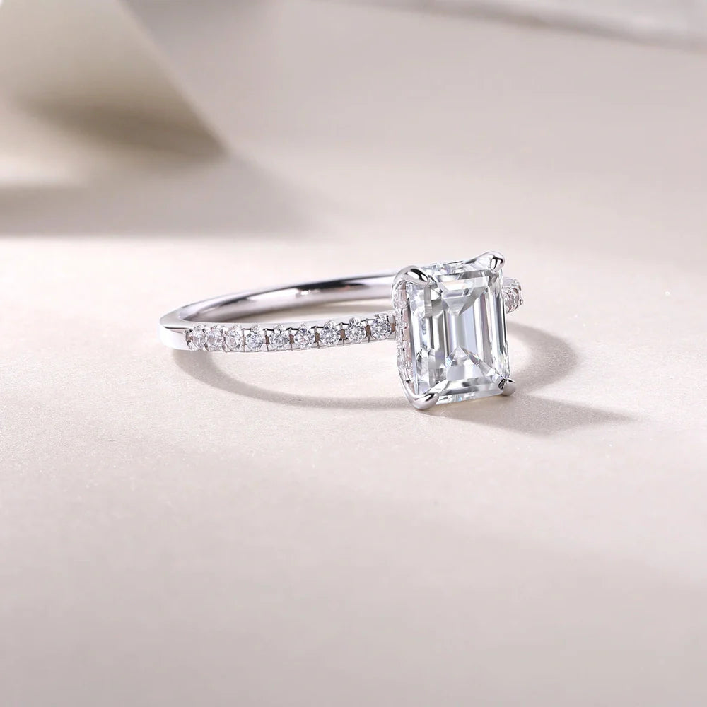 Wedding ring set with octagonal moissanite stones on S925 silver bands with platinum plating