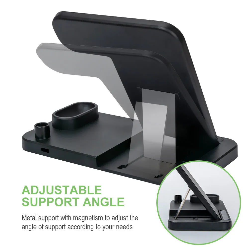 Black folding 4-in-1 wireless charger open, showing iPhone, Apple Watch, AirPods, and Apple Pen charging simultaneously.