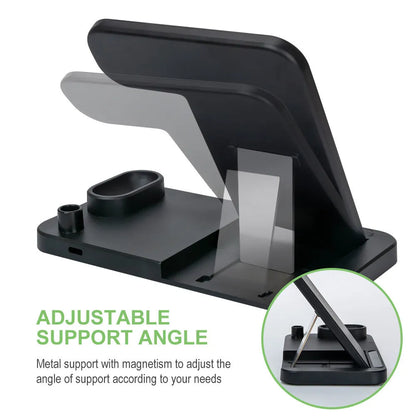 Black folding 4-in-1 wireless charger open, showing iPhone, Apple Watch, AirPods, and Apple Pen charging simultaneously.