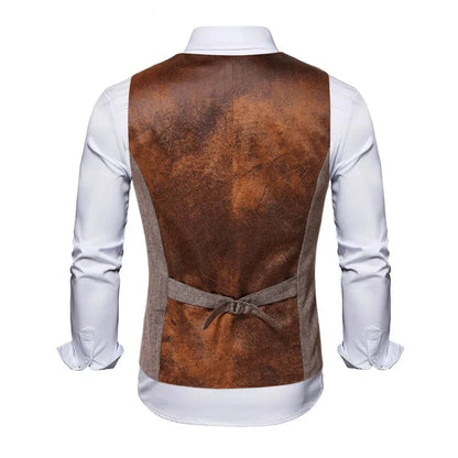 Men's brown sleeveless contrast waistcoat in British style with steampunk and American retro influences, sizes L to XXXL.
