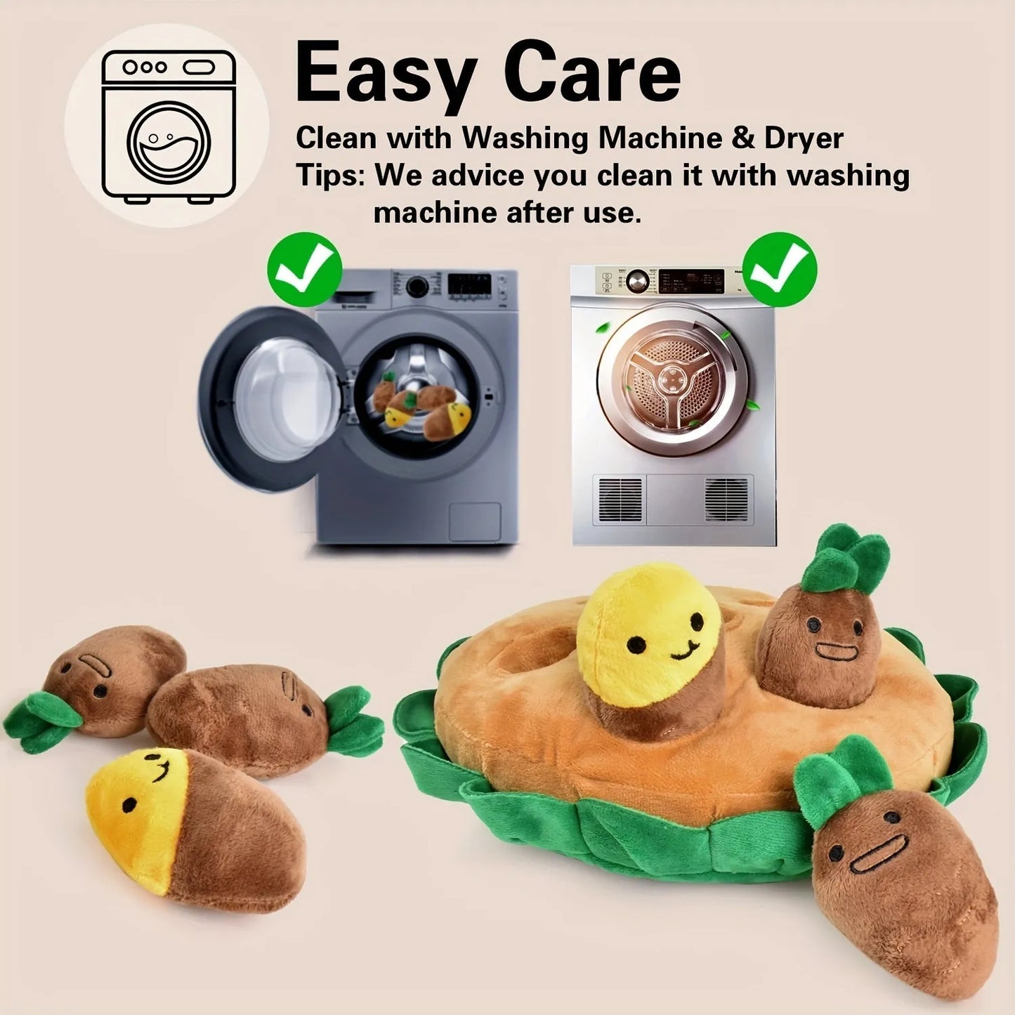 Interactive dog puzzle toy with removable squeaky plush toys on yellow polyester foraging pad