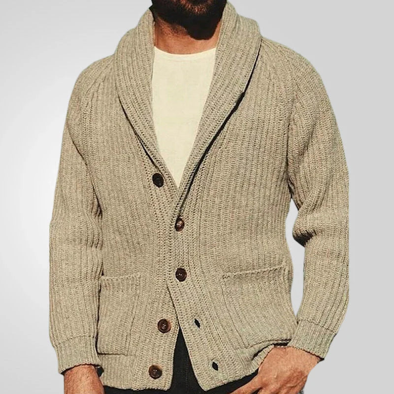 Men's knitted cardigan sweater in khaki color with button closure and pockets