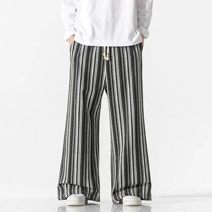Vintage stripe loose straight mopping pants in cotton blend fabric showing straight leg and mid waist design