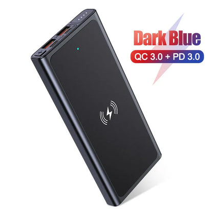 Black and blue alloy 10000mAh portable power bank with wireless charging function.