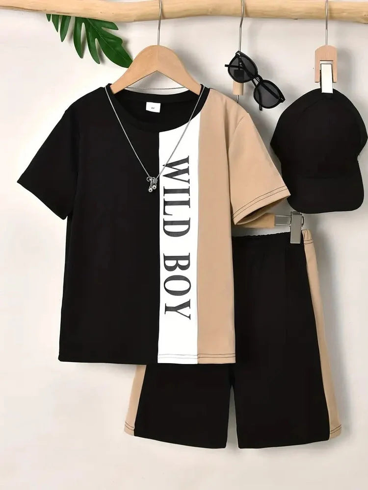 3D printed youth sports suit with animal pattern, short sleeves, and shorts in seven height sizes from 100cm to 160cm