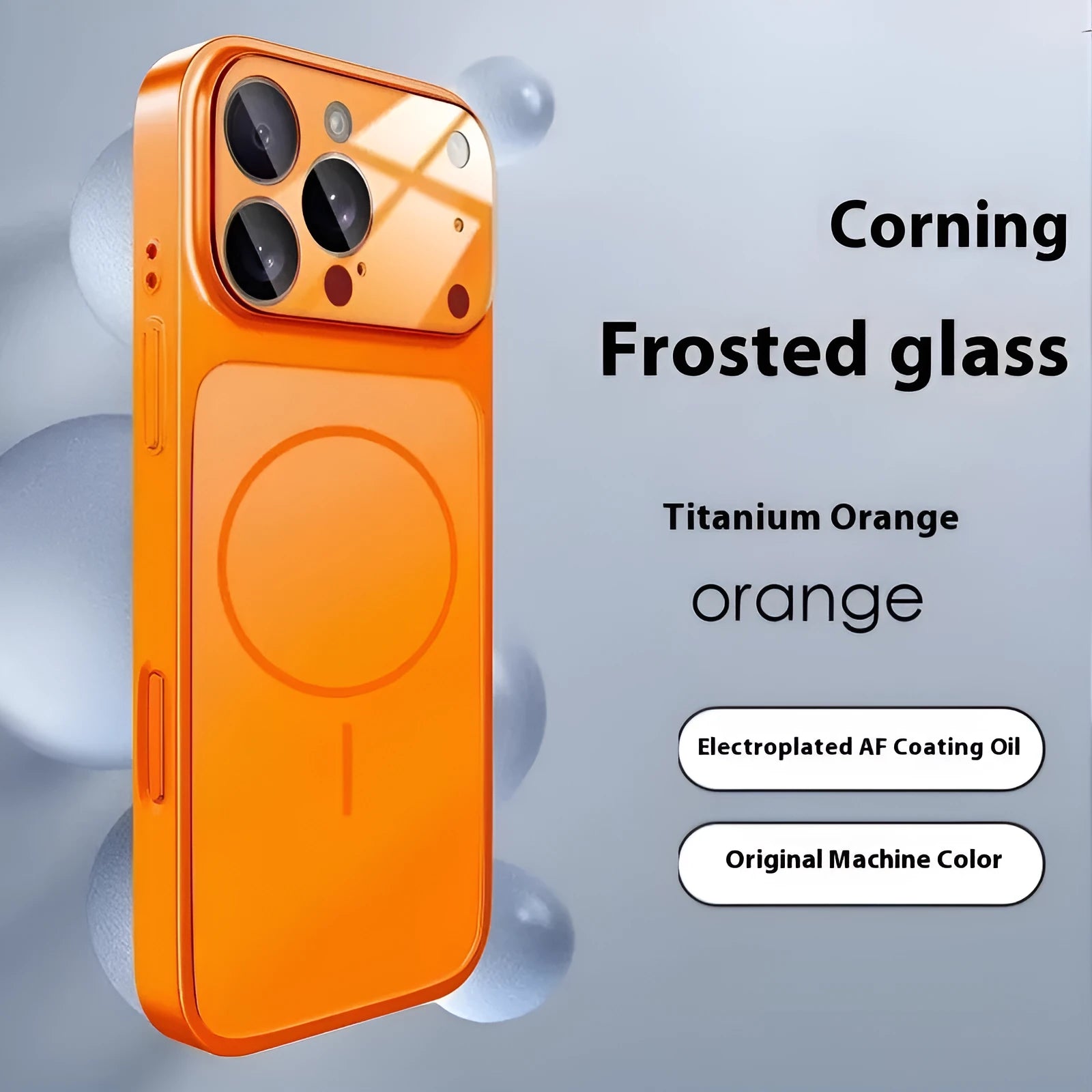 Frosted tempered glass iPhone case with magnetic ring on back, shown in titanium colour.